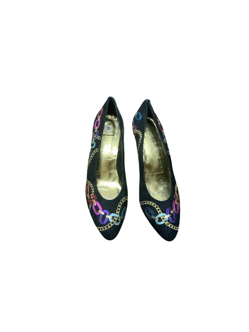 Beverly Feldman Embroidered Heels Black Satin Chain Pattern Pumps Size 7.5